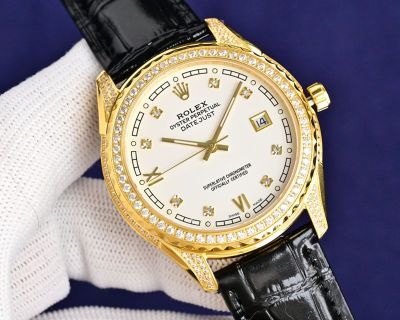 Rolex Datejust 40mm Diamond Bezel White/YG Face Black Leather Band Watch